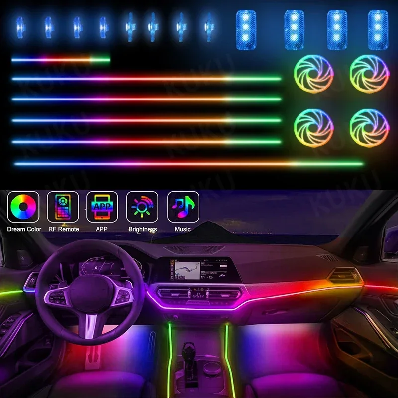 22 In 1 Car LED Interior Ambient Lights Full RGB 213 Colors Streamer Universal Hidden Acrylic Strip Kit Symphony Atmosphere Lamp