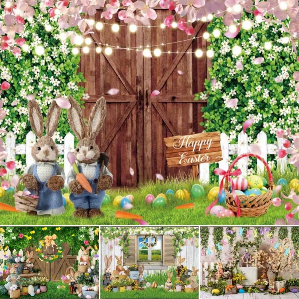 

Spring Colorful Backdrop Green Grass Flower Rabbit Egg Garden Floral Bunny Easter Kids Shower Birthday Photography Background