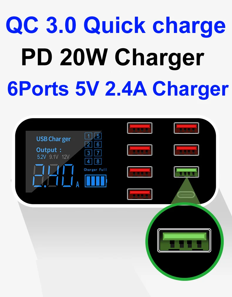 AC Power Charge Station with 8 Output Ports prvied PD/QC 3.0 20W Quick Fast Charging and 7 USB Ports total 40W for Phone Tablet