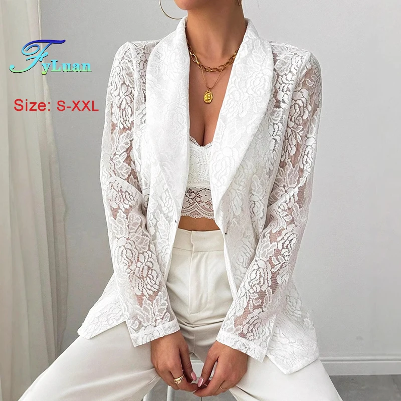 

New Fashion Women's Small Suit Coats White Lace Splice Mesh Long Sleeve Formal Business Jackets Lightweight Office Ladies Coat
