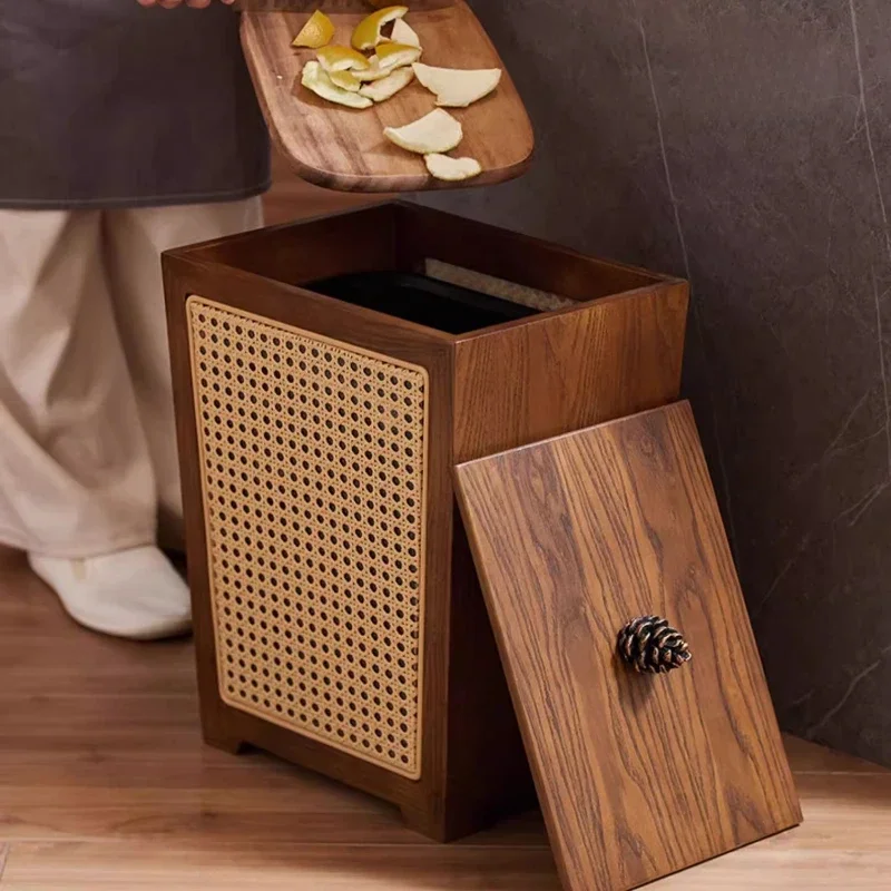 

Solid Wood Trash Can for Living Room Kitchen and Bedroom Square Waste Bins High Beauty with Lid Wicker Creative Paper Basket