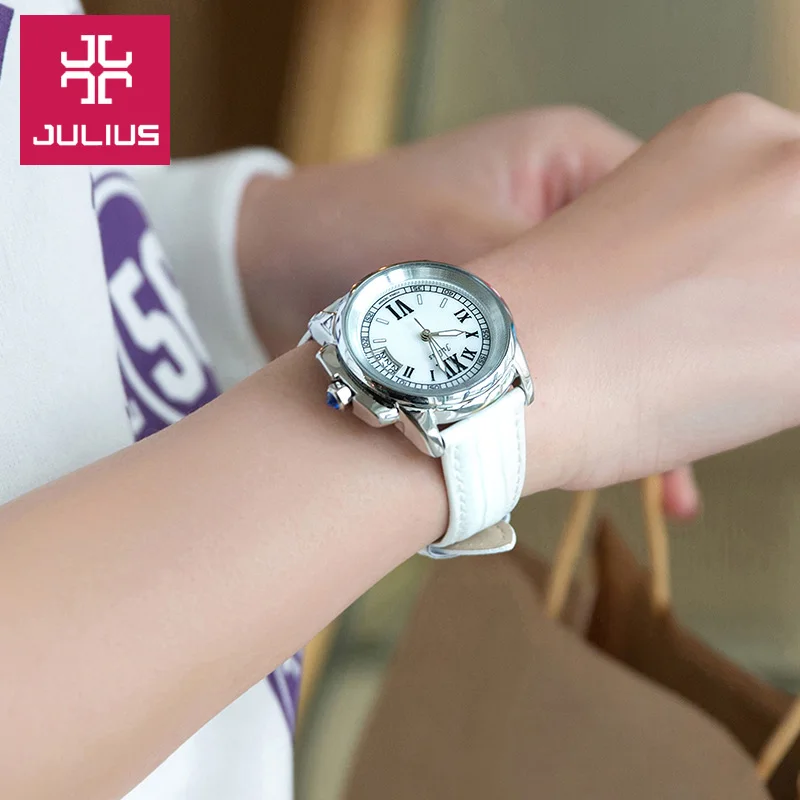 Top Julius Lady Women\'s Auto Date Watch Mother-of-pearl Elegant Retro Fashion Hours Bracelet Leather Girl Birthday Gift Box