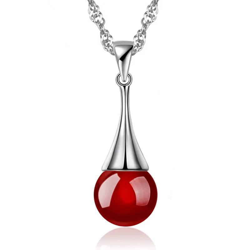 

925 Sterling Silver Necklace Drop Black Red Agate Pendant Ladies Fashion Simple Birthday Party Wedding Anniversary Jewelry Gift