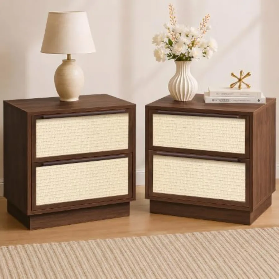 2-Drawer Nightstands Set of 2, Rattan-Look Bedside Tables