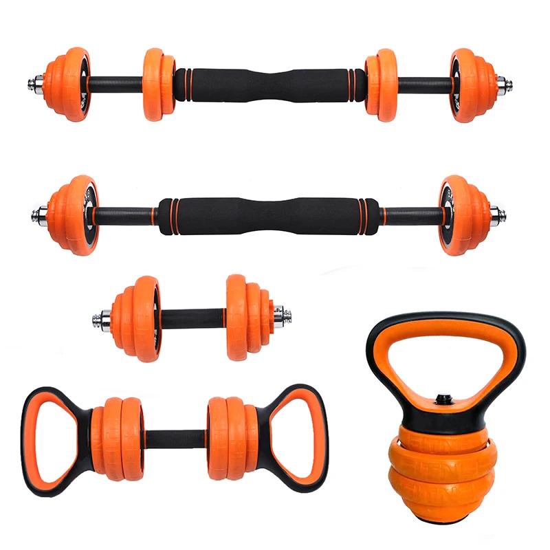 China New Six In One Iron Chromed 15KG 20KG Multifunctional Adjustable Rubber Coted Dumbbell Barbell Kettlebell Set