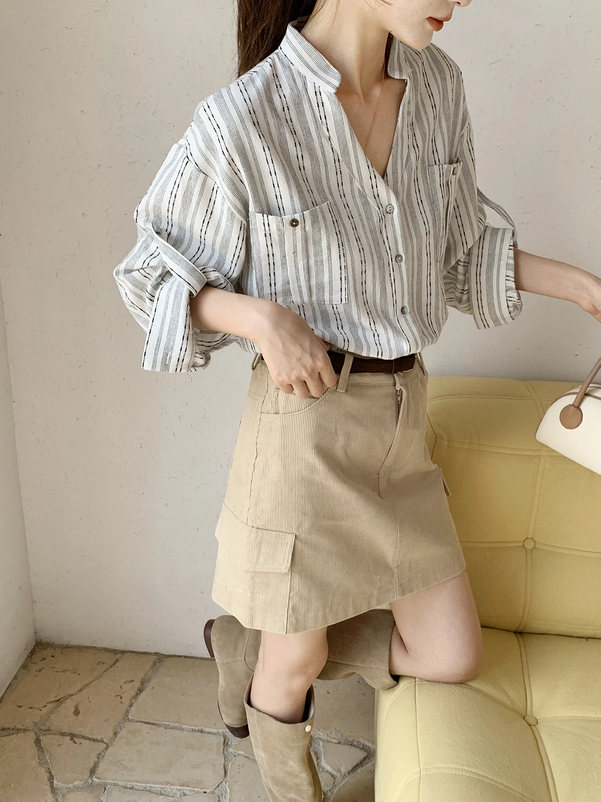

Женская свободная рубашка с длинным рукавом в полоску, винтажный дизайн, корейский стиль, осенняя новинка, модная повседневная рубашка из полиэстера