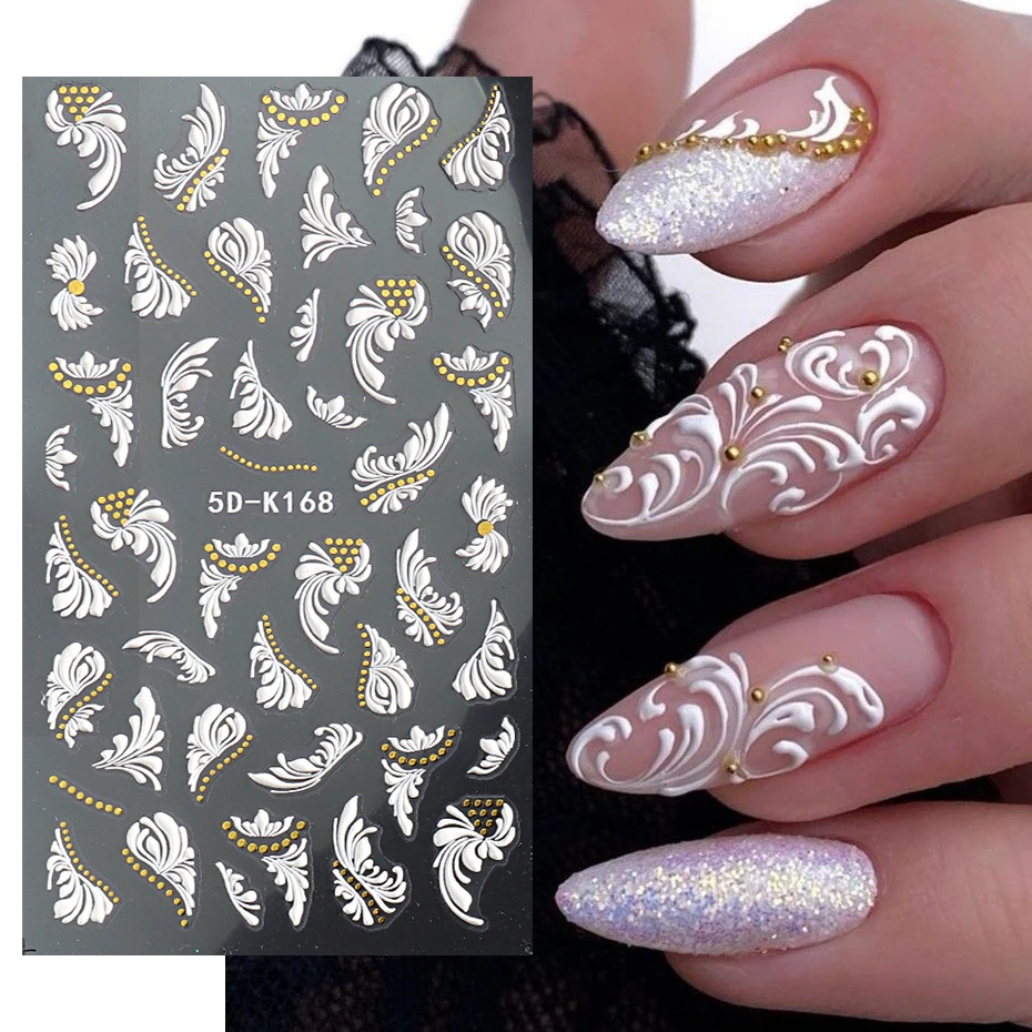 5D Embossed White Flowers Nails Stickers Bride Wedding Relief Sliders Summer Gorgeous Gold Design Decals Nail Decoration 5D-K168