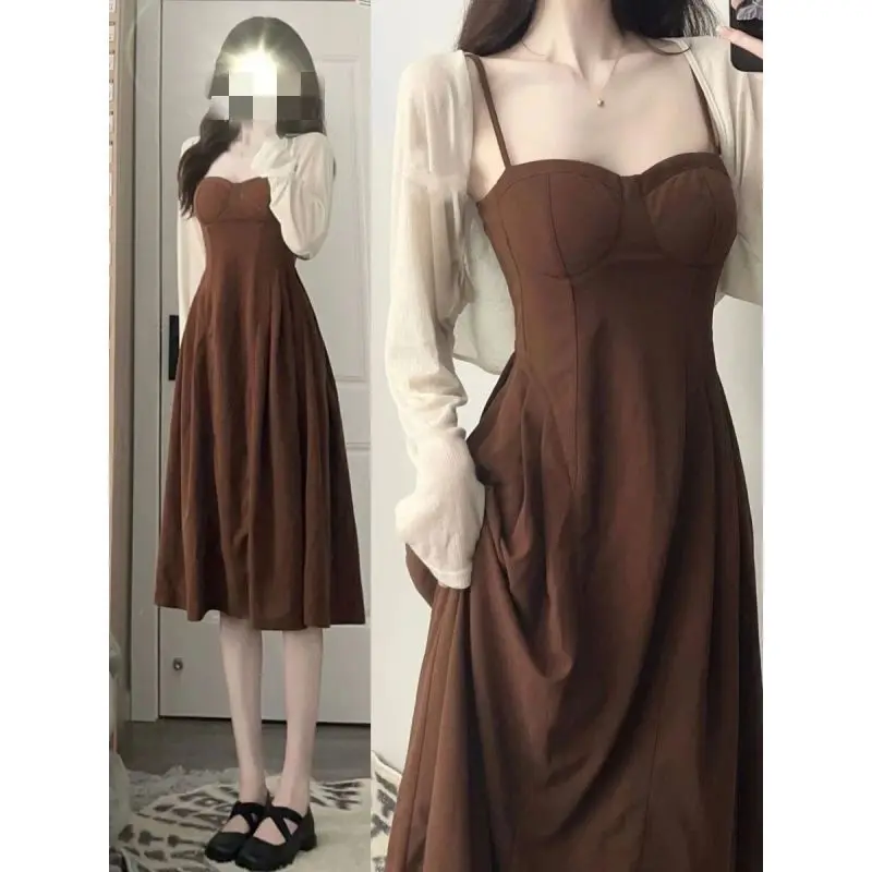 

Autumn New French Vintage Dress Women Suit Summer Luxury Waist Slimming Slip Long Dress Cardigan Two Piece Set Women Outfits