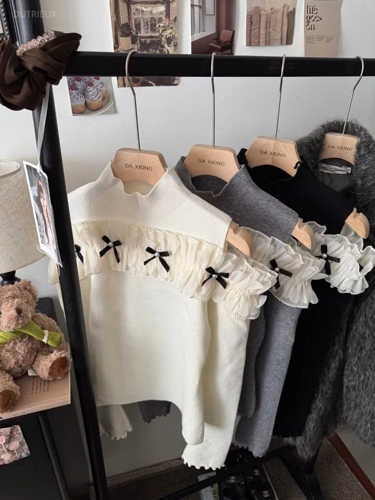 French Sweet Mock Neck Long Sleeve Off Shoulder Slim Patchwork Bow Knitted Women Clothing