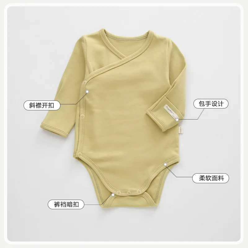 Soft Cotton Newborn Romper Set Wrap V Neck Long Sleeve Bodysuit Hat Infant Solid Color Jumpsuit Boys Girls Home Daily Outfit