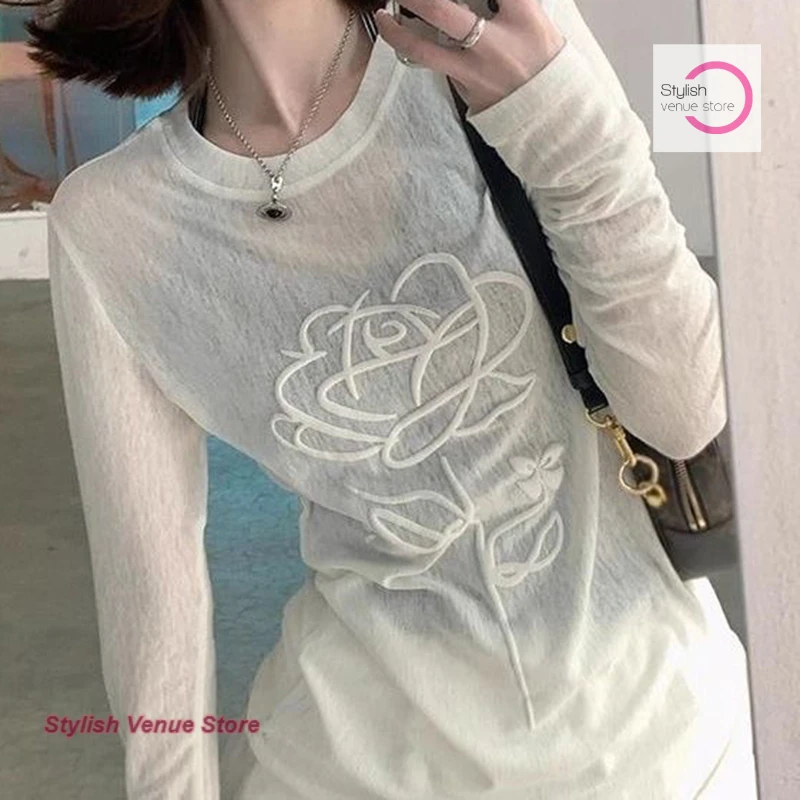 

Korean white thin sunscreen blouse printed micro-transparent long-sleeved T-shirt women's summer new versatile breathable top.