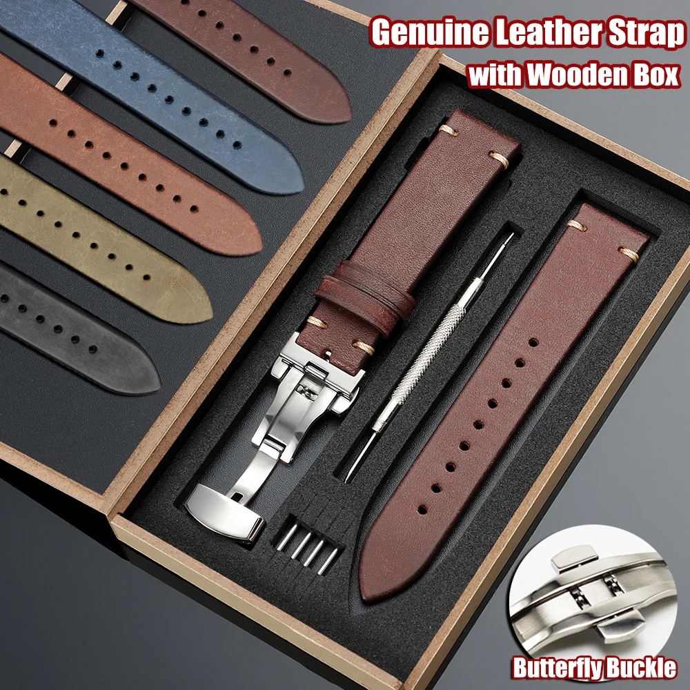 Uhrenarmband mit Holzbox, Schmetterlingsverschluss, Ersatzarmband aus echtem Leder, 20 mm, 22 mm, Armband, Uhrenzubehör
