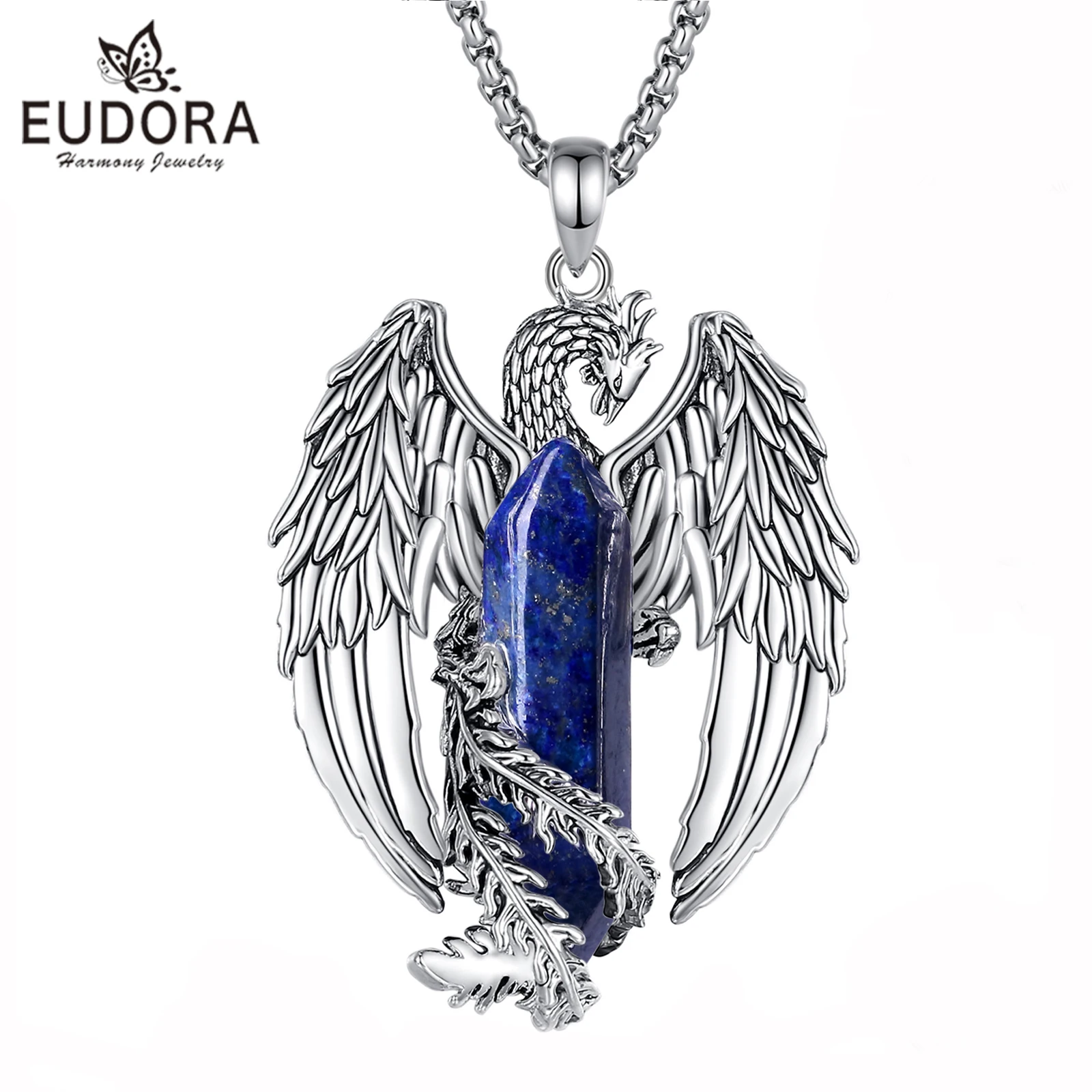 Eudora Phoenix Twining Hexagonal Lapis Lazuli Prismatic Necklace Punk Natural Healing Stone Crystal Pendant Personality Jewelry