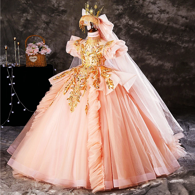 Girls Evening Dress Luxury Kids Party Wedding Court Paris Model Catwalk Children Pageant Gown Birthday Stage Performance Dress