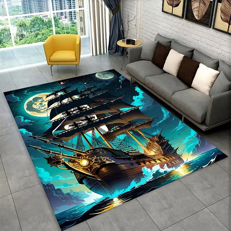 Storm Pirate Ship Boat Barque Large Area Rug Non-slip Durable Carpet for Bedroom Living Room Sofa Doormat Home Decor Floor Mat