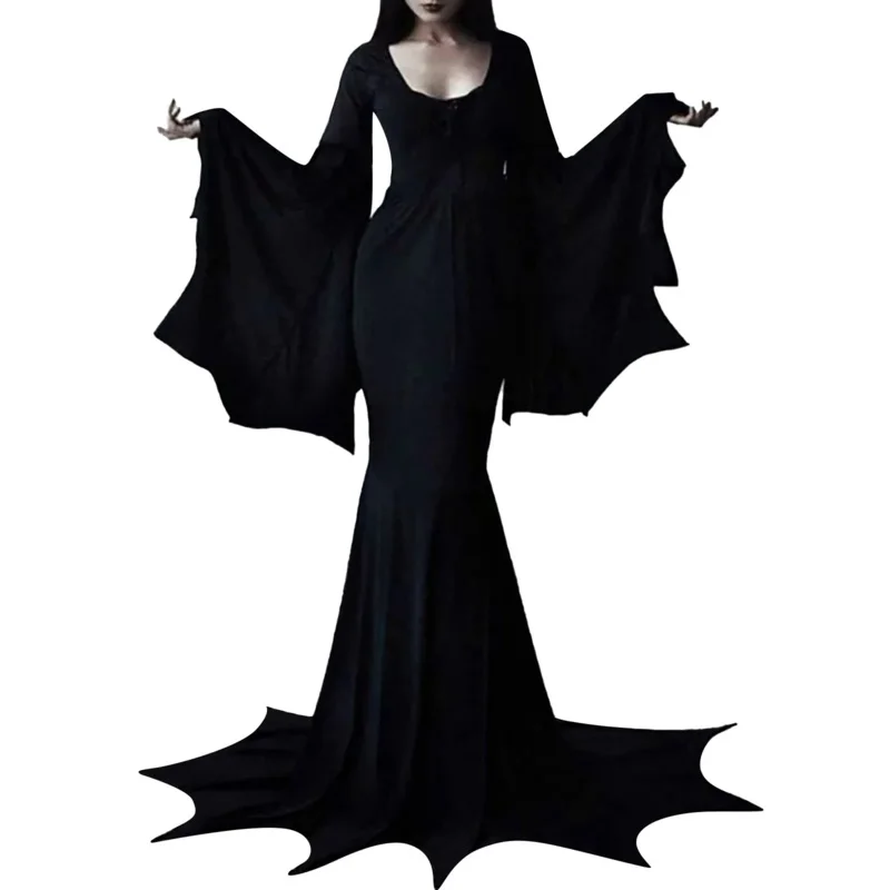 Halloween Witch Dark Costume Gothic Robe Adult Horror Witch Costume Morticia Addams Wednesday Train Floor Dress Women