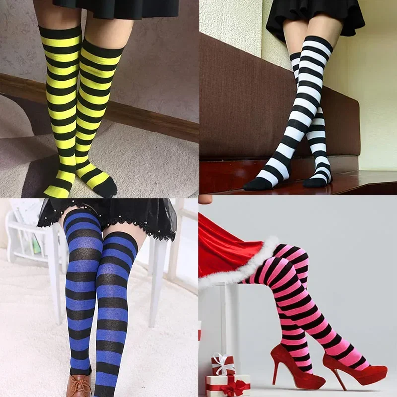 Women's Color Striped Stockings Japanese Over Knee Socks Fashion Women Keep Warm Soks Slim Long Soks Black White Striped Ho