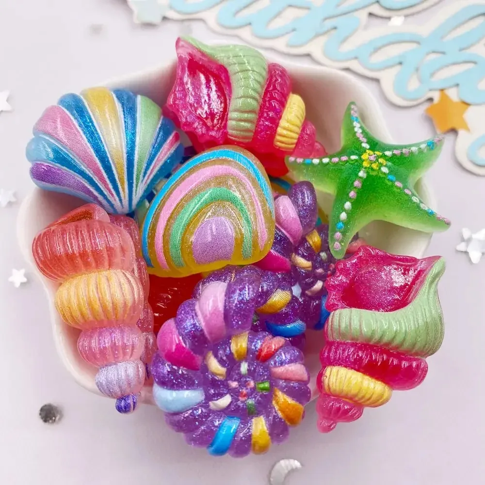 6Pcs Kawaii Cartoon Sea Star & Conch Shell Flatback Resin Charms, Glitter Ocean Miniatures for Scrapbook Handcraft Decoration