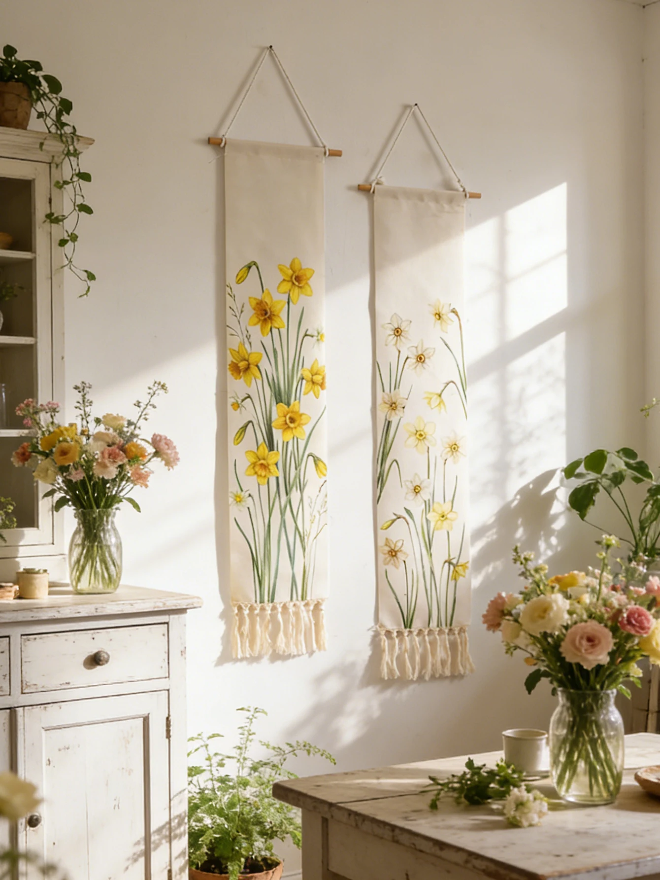 Watercolor Daffodil Flower Wall Tapestry Boho Floral Wall Hanging Tassel Decor for Living Room Bedroom Home Art Decoration Gift