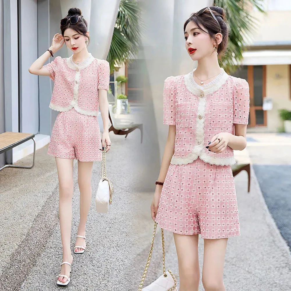 Korean Fashion 2024 Summer Sweet Pink Two Piece Set Women Single Breasted Embroidery Hollow Tops + Pockets Wide Leg Shorts Suit