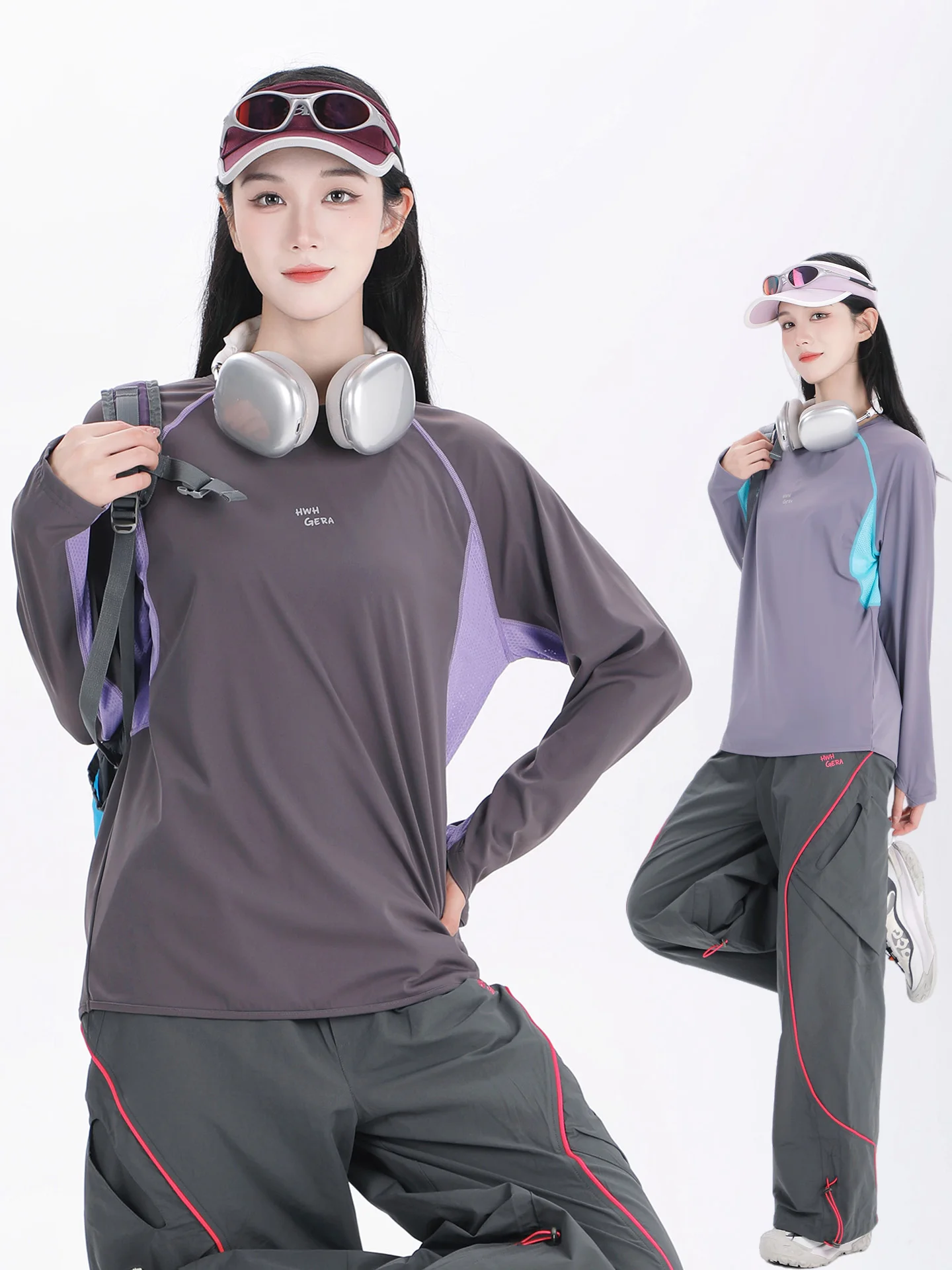 

Autumn new outdoor sports splicing elastic round neck T-shirt for female students, simple long sleeved breathable top