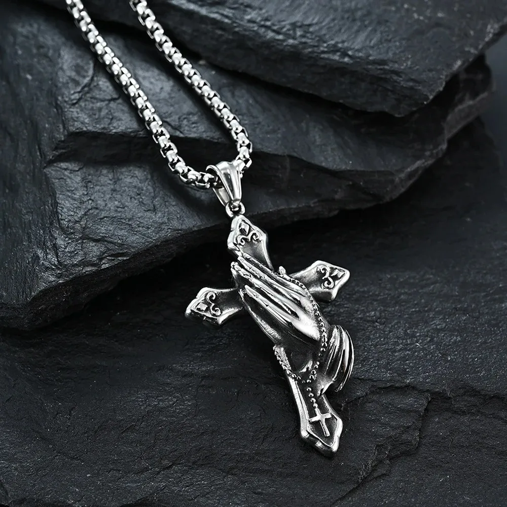 

Retro Praying Hands Cross Pendant Necklace Hip-hop Stainless Steel Chain Neck Accessories Hip Hop Rock Jewelry New 2025 Gifts