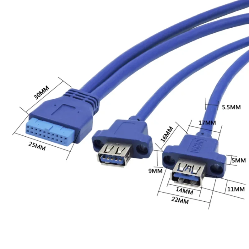 0.3m 0.5m 0.75m Dual Port USB 3.0 Female Type-A Panel Type to Motherboard 20Pin 19Pin Header Cable 50cm
