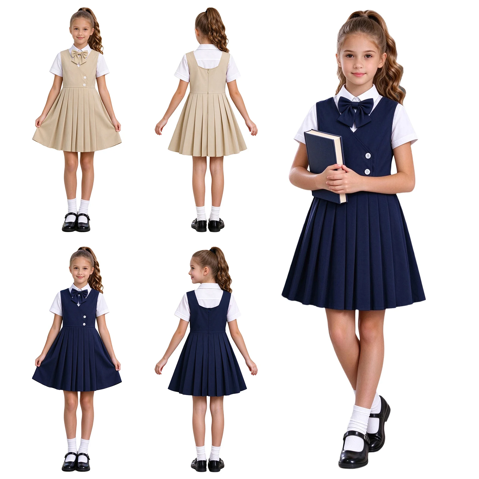 Kids Girls Korean 2-piece School Uniform Bowtie Button Shirt with Sleeveless Pleated Jumper Dress for Recitation Performance