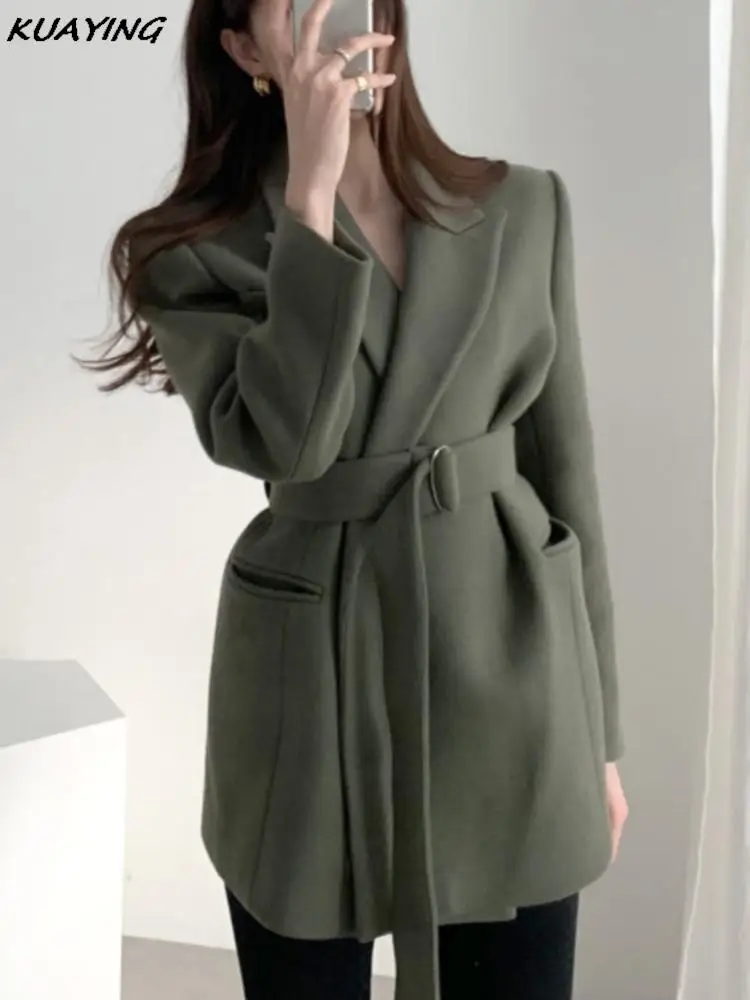 Korean Woolen Suit Coat for Women Elegant Chic Lace-up Midi Overcoat Autumn Winter Ladies Work Outerwears with Pockets Clothes