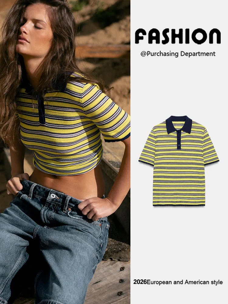New Summer Women's Knitted Casual Short Sleeve Striped  Shirt Versatile Top Straight Tube Sleeve Regular Length Overhead