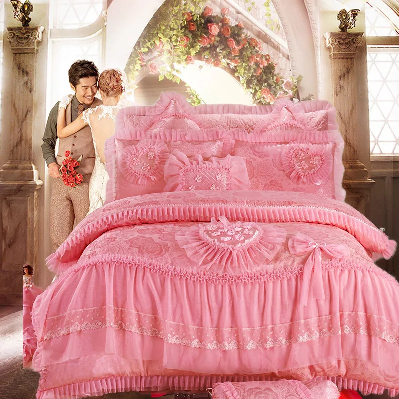 

Комплект постельного белья принцессы в форме сердца с кружевными цветами в корейском стиле, розовый жаккардовый атласный хлопковый пододеяльник, комплект простыни, наволочки