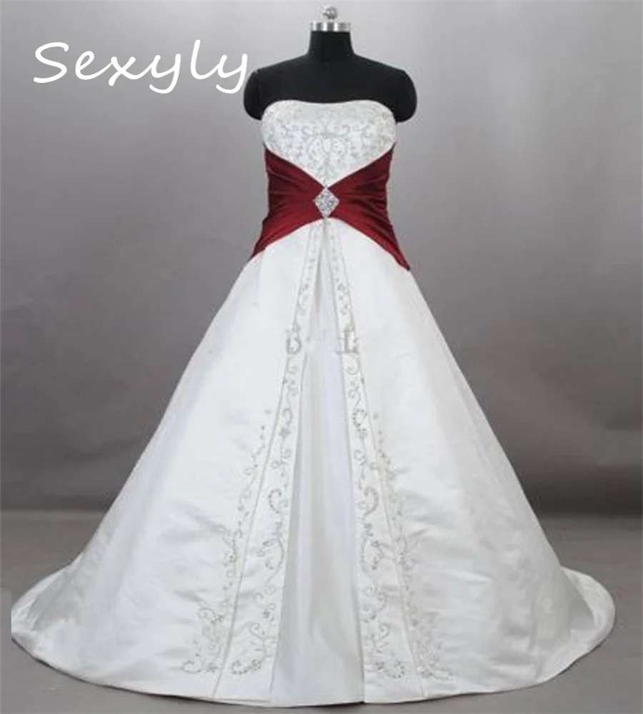 Celtic1920s Gatsby Embroidery Wedding Dress Burgundy And White Satin Renaissance Medievel Gothic Bride Dress Corset Customized