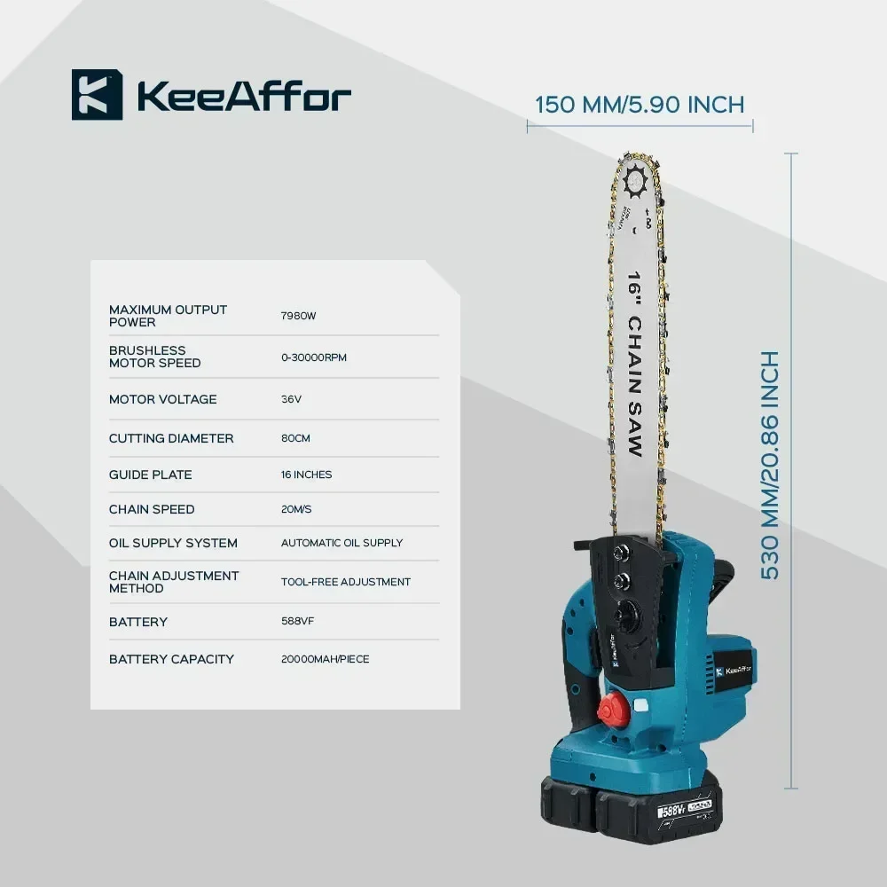 KEEAFFOR-sierra de cadena eléctrica de 7980W, herramienta eléctrica sin escobillas para cortar madera, sierra inalámbrica para batería Makita, 16