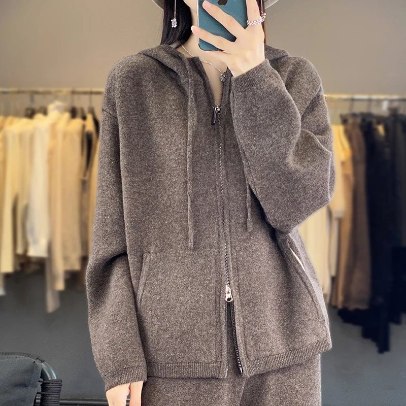 Autumn Winter New 100% Cashmere Knit Two Piece Set Women\'s Large Size Zipper Hooded Cardigan Korean Fashion Small Leg Pants Suit