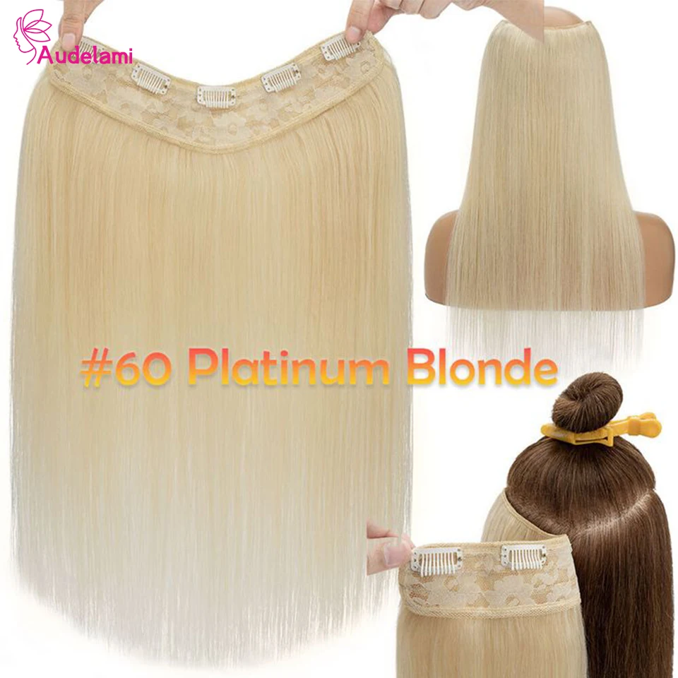 Audelami, cabello humano brasileño en forma de V de 14-28 pulgadas, Clips de cabello Remy en extensiones, 5 clips rectos, extensión de cabello humano