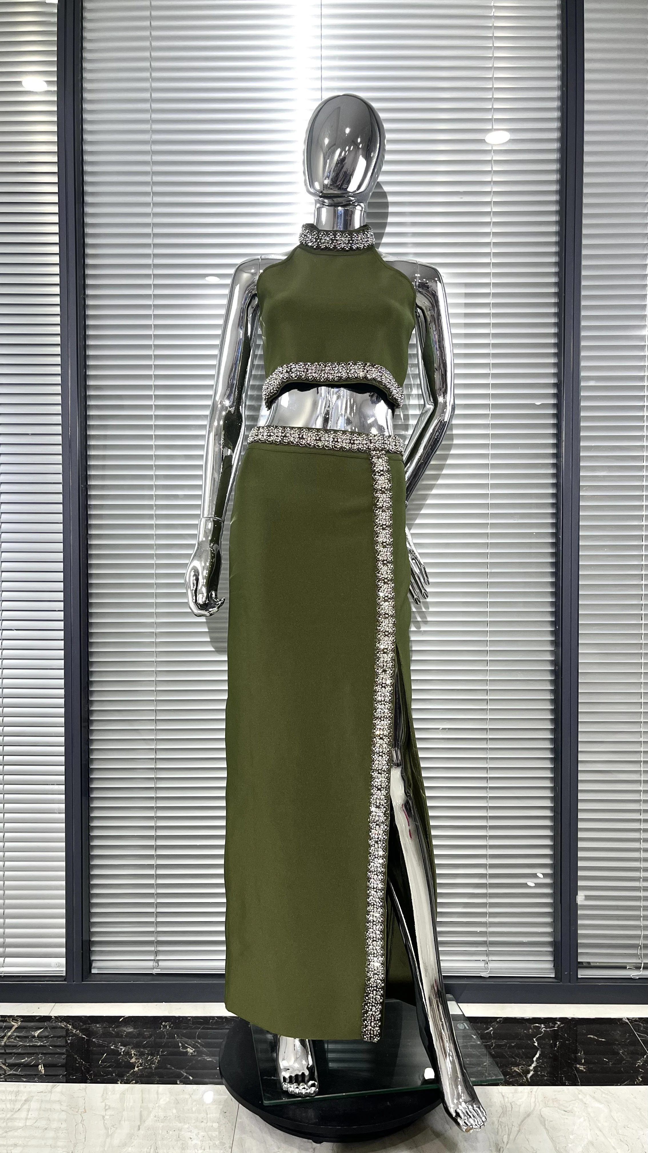 2025 elegante expor wasit mulher conjunto diamantes brilhantes regata curta e fenda saia longa 2 peças vestido de festa à noite