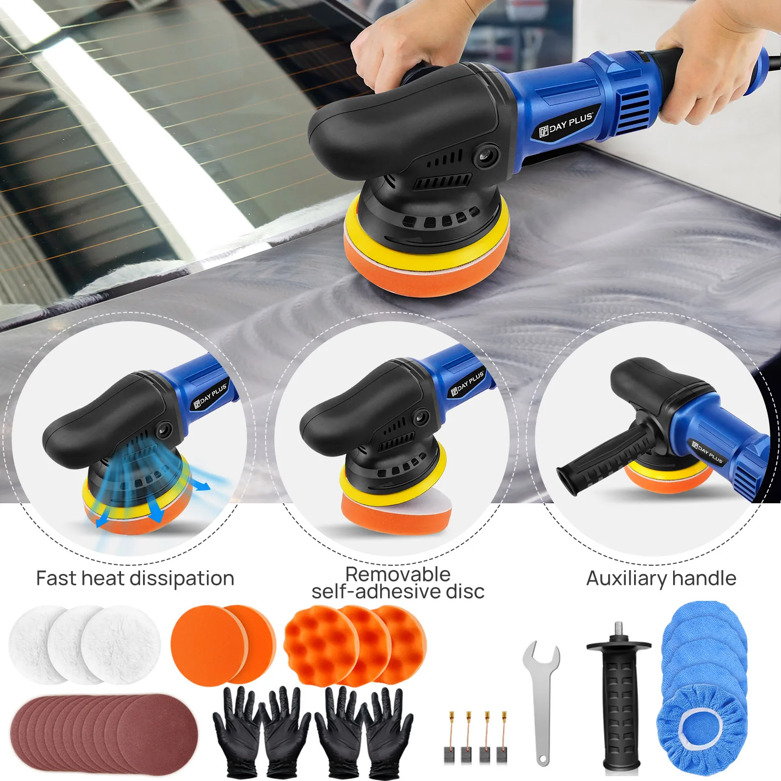 DayPlus Lucidatrice a doppia azione da 5 pollici, kit ceratrice per lucidatura con tampone orbitale casuale per auto con 6 velocità 2800-5800 giri/min per ceratura per barche per auto