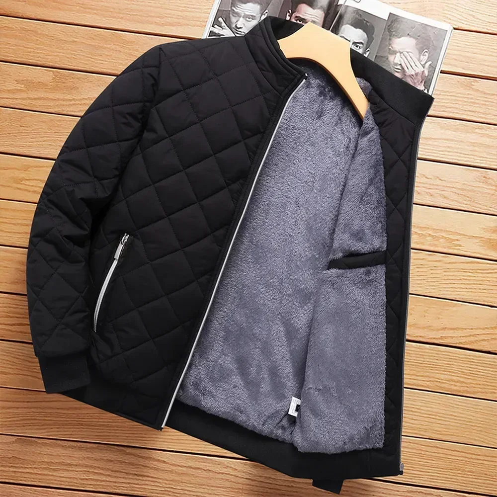 

Men New Slim Fit Coat Autumn Winter Bomber Jacket Plush Parka Diamond Pattern Fleece Lined Casual Jacket Men Fashion Clothing