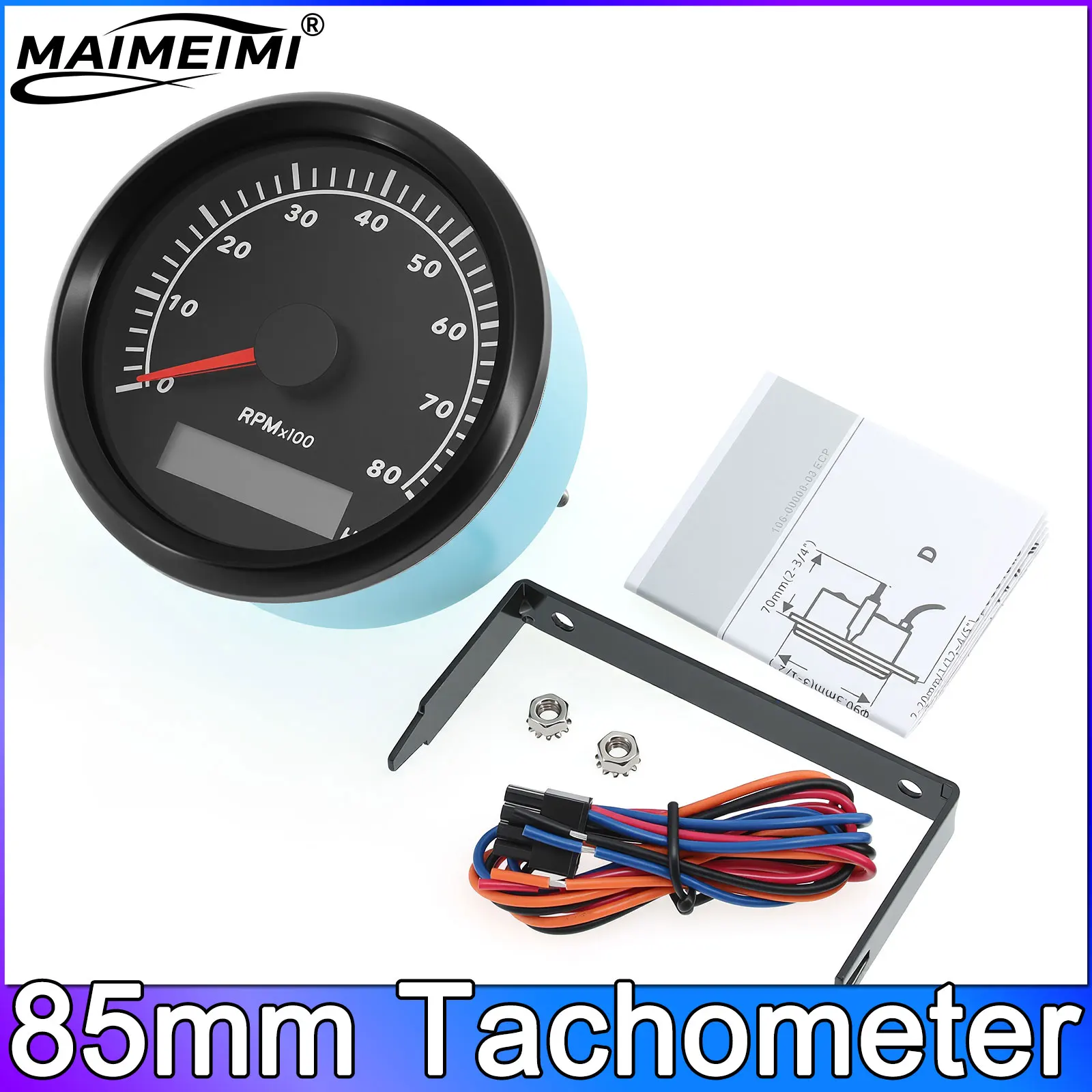 

85mm Tachometer Auto Marine RPM Meter Gauge 8000RPM REV Counter LCD Hourmeter with Red Backlights 12V 24V
