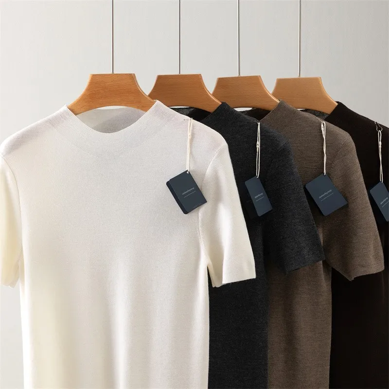 German Yangzi Yarn 100% Superfine Merino Wool Fine-Spun Wool 120's Half-High Collar Knitted Short-Sleeve T-Shirt Base Layer Women's Slim-Fit Thin Sweater for Layering Trendy
