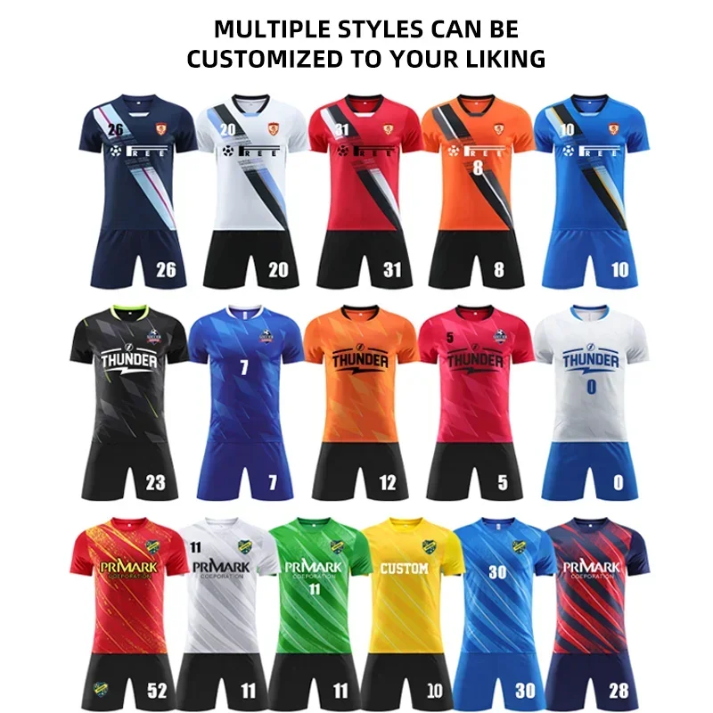 High Quality Soccer Training Outfit Set, Children Men Short Sleeve Soccer Jersey Uniform Replicas with Blank Dry Fit Material