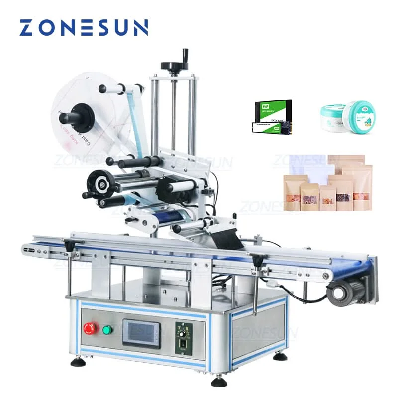 ZONESUN ZS-TB150PB Auto Flat Surface Labeling Machine Conveyor Belt Top Label Applicator for Pouch Bag Carton Box Jar Lid Paper