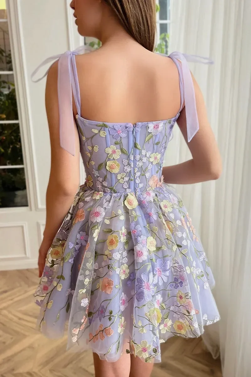 Midi Lilac Blossom Holidays Gowns 3D Flowers Embroidered Tulle Self Tie Bow Evening Fairytale Cocktail Mini Dress with Pockets