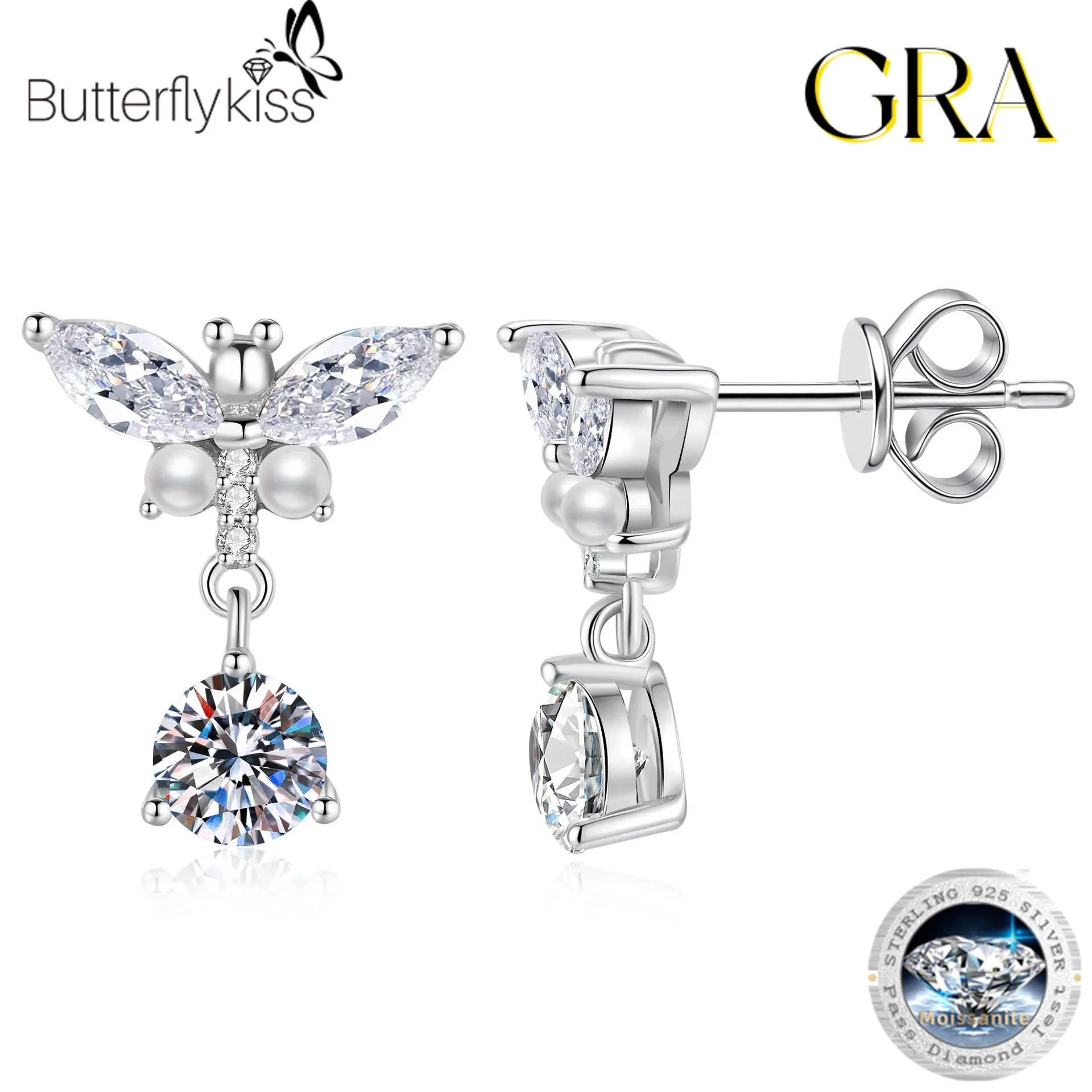 

Butterflykiss S925 Серебро Муассанит Классический цвет D Жемчуг Бабочка Висячие серьги Подвески Женские аксессуары Ювелирные изделия Подарки на вечеринку