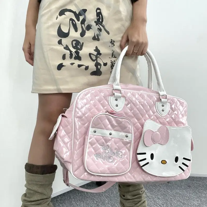 Kreskówka Miniso Hello Kitty Y2K przenośna torba podróżna o dużej pojemności Kawaii Pu skórzana błyszcząca słodka torba Crossbody