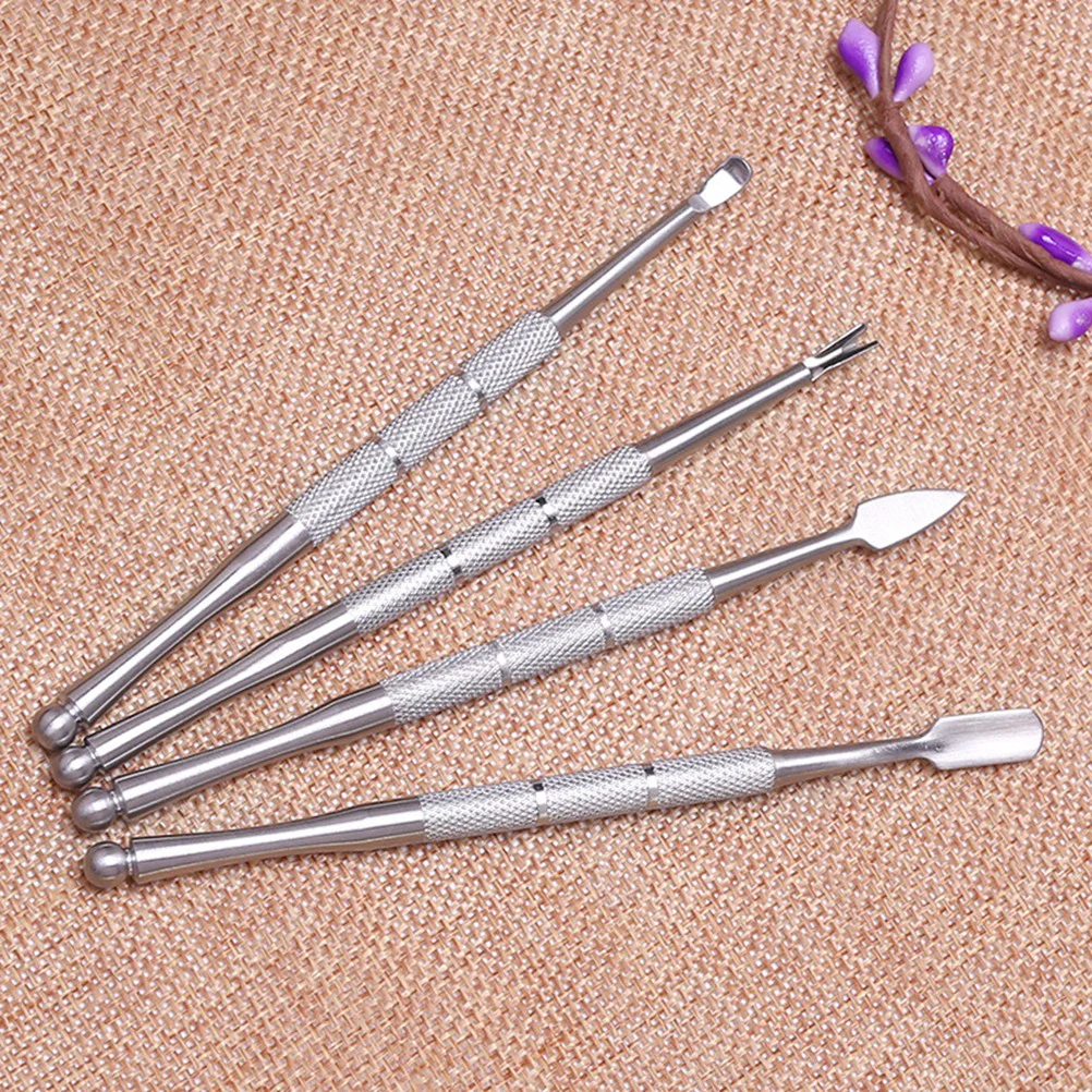 4pcs Stainless Steel Nail Push Ear Spoon Dead Skin Fork Dead Skin Push Pick Nail Cuticle Spoon Pusher Remover Nipper Clip