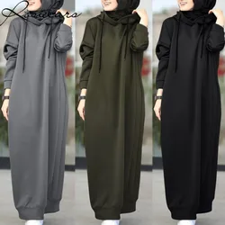 2024 New Autumn Winter Loose Casual Pocket Long-sleeved Hoodies Long Dress Muslim Tracksuit Black Sweatshirt Women Clothing