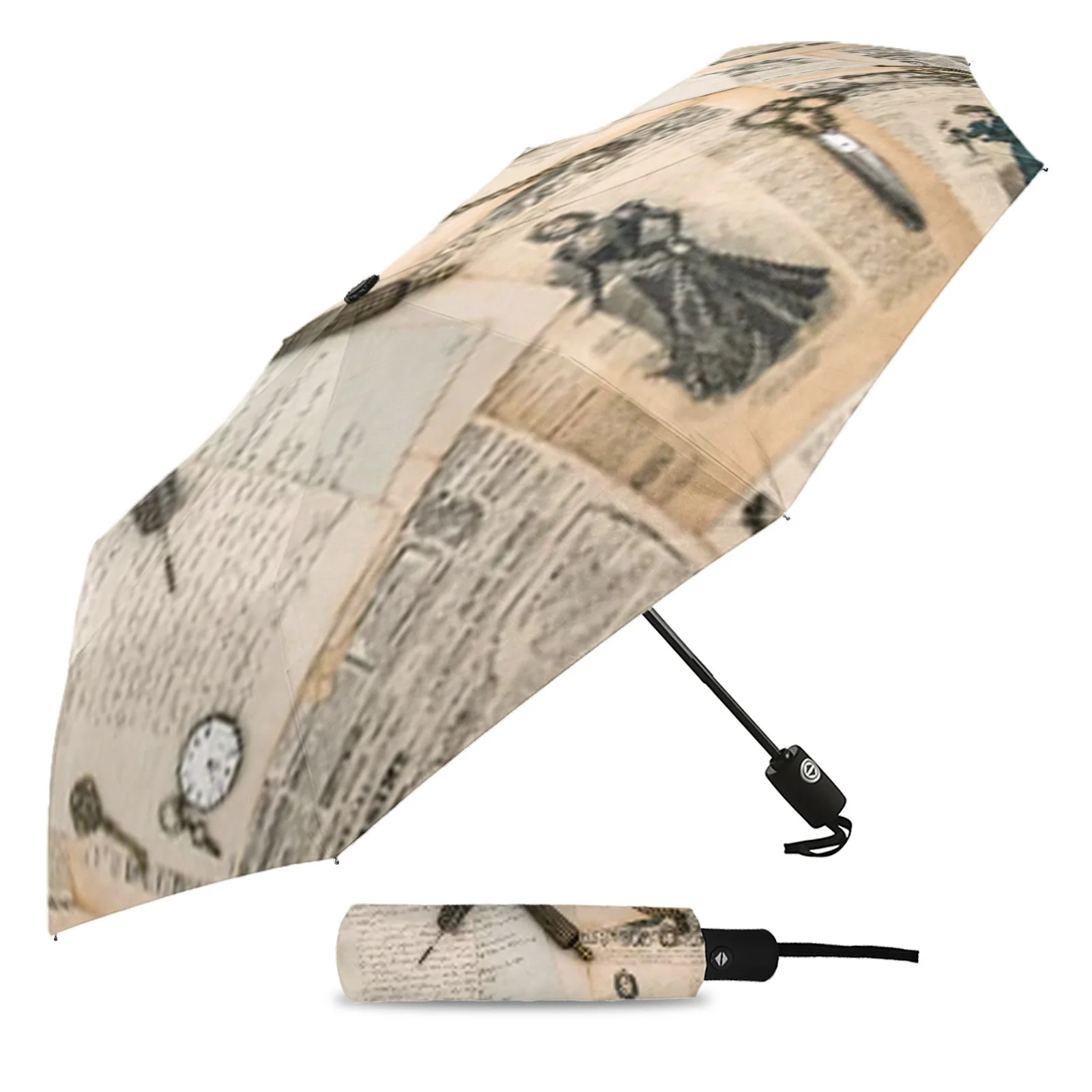 old newspaper magnifying glass Fully-automatic Rain Umbrella for Women Kid Foldable Sun Umbrella Printed Eight Strands Umbrella