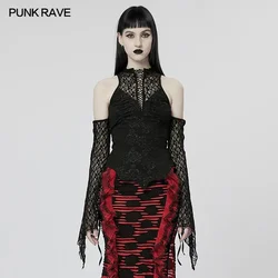 PUNK RAVE Women's Gothic Medium High Neck Feather Decal Undercoat Punk Style Slim Simple Personality Black Tops Spring/Summer