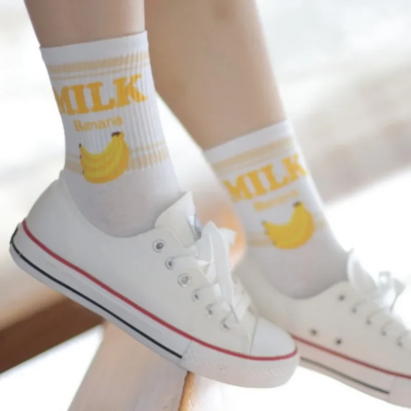 Women Pink Socks Cotton Cartoon Fruit Print Cute Socks Korean Harajuku Style with Cow Strawberry Banana Patterned Short Socks